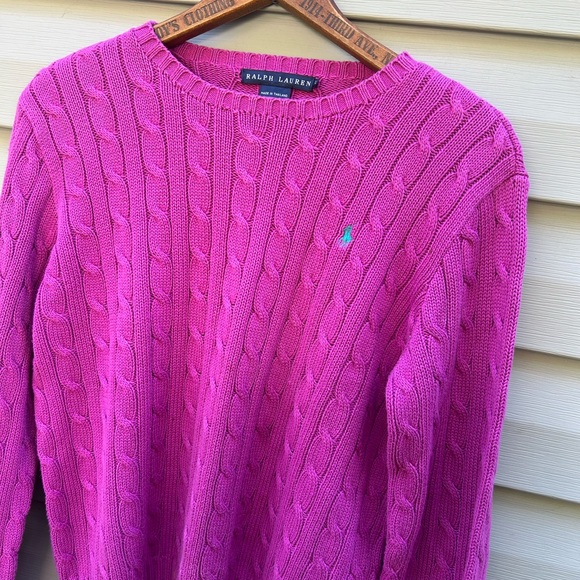 VTG Ralph Lauren y2k L pink cable knit pony cotton sweater preppy old money - Picture 2 of 5